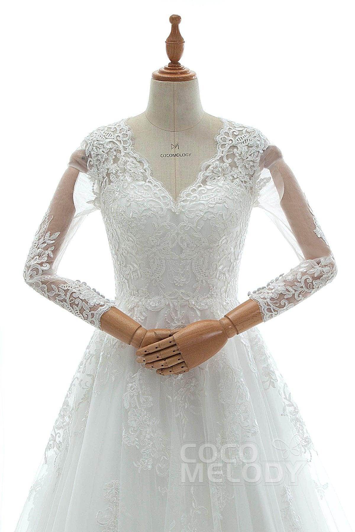 A-Line Court Train Tulle Lace and Satin Wedding Dress LD5731CR - COCOMELODY