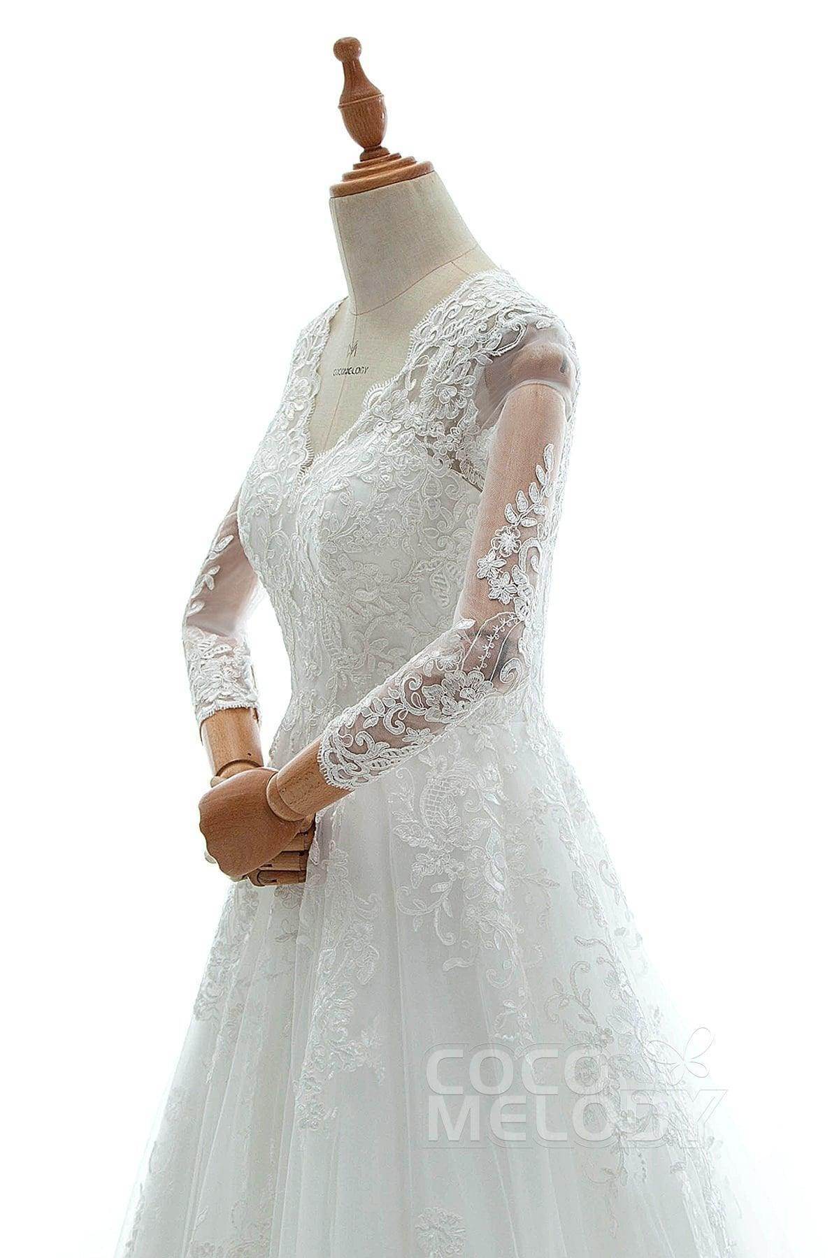 A-Line Court Train Tulle Lace and Satin Wedding Dress LD5731CR - COCOMELODY