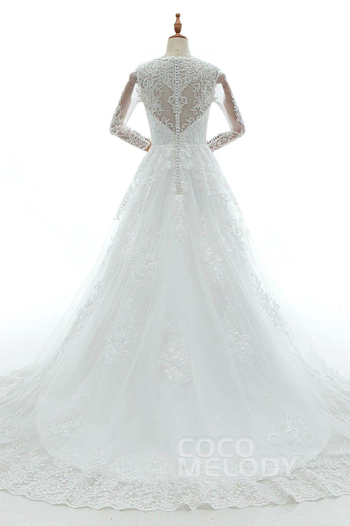 A-Line Court Train Tulle Lace and Satin Wedding Dress LD5731CR - COCOMELODY