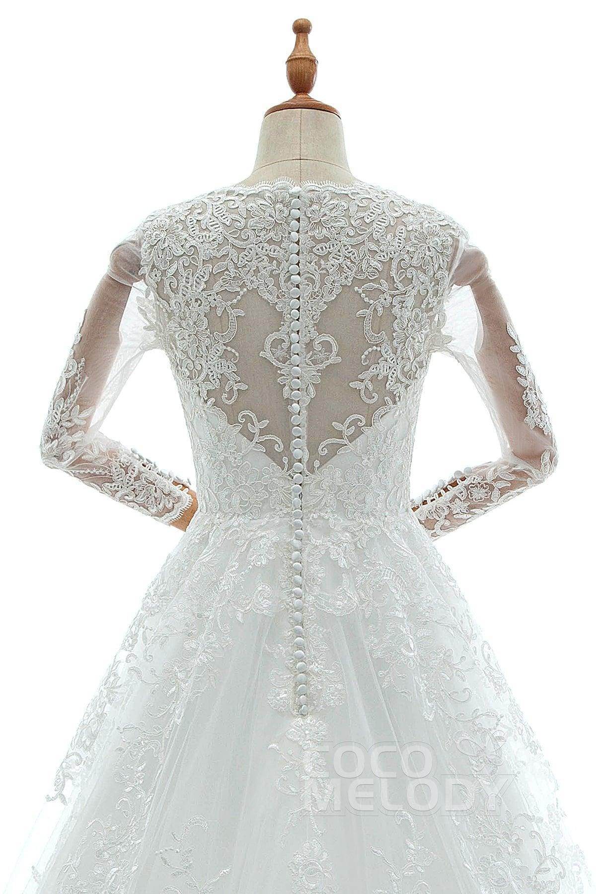 A-Line Court Train Tulle Lace and Satin Wedding Dress LD5731CR - COCOMELODY