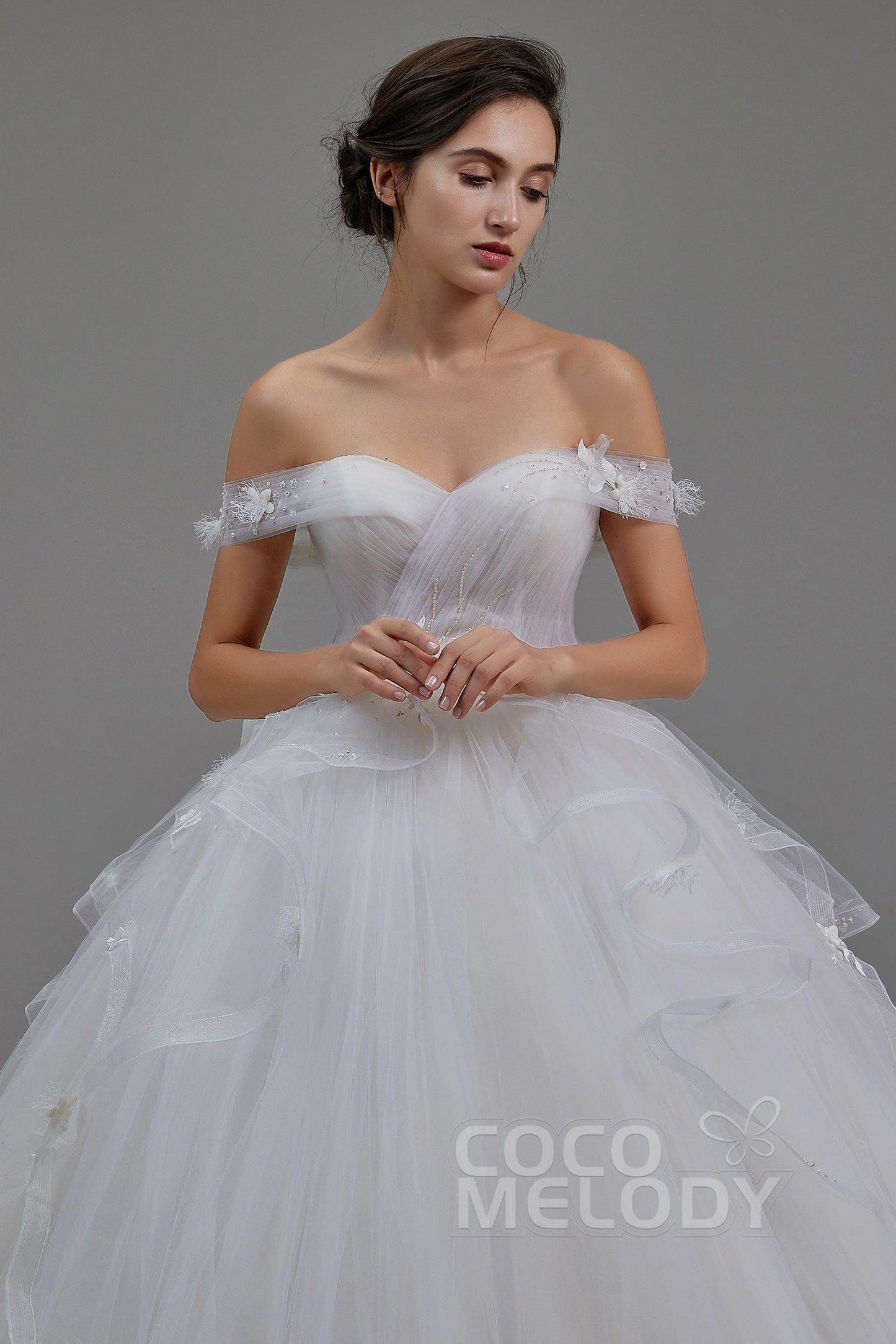 A-Line Chapel Train Tulle Wedding Dress LD5802 - COCOMELODY