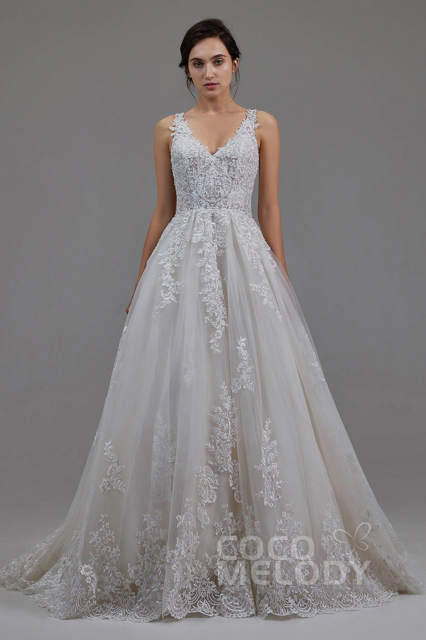 A-Line Court Train Tulle and Lace Wedding Dress LD5813 - COCOMELODY