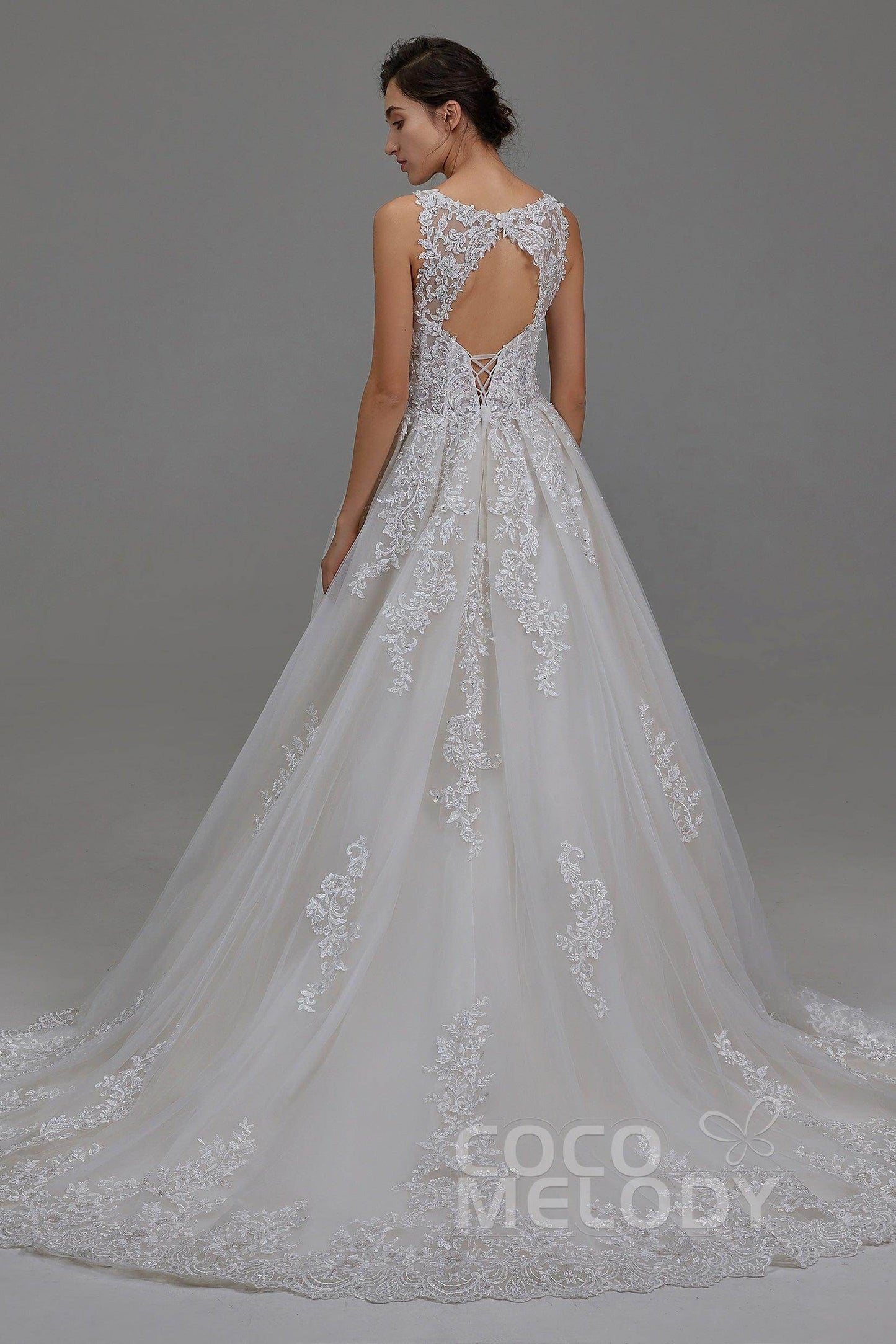 A-Line Court Train Tulle and Lace Wedding Dress LD5813 - COCOMELODY
