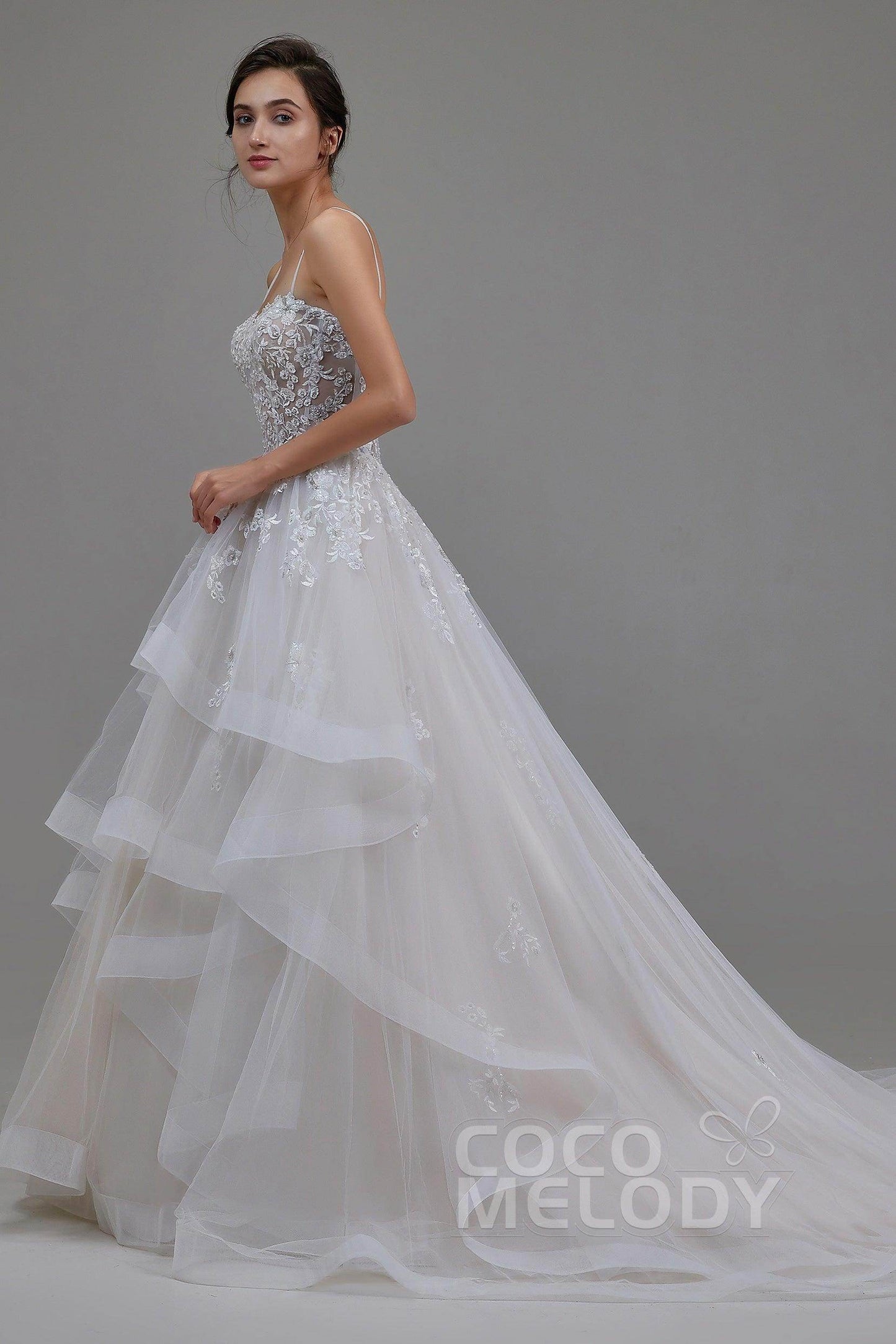 A-Line Chapel Train Tulle and Lace Wedding Dress LD5814 - COCOMELODY