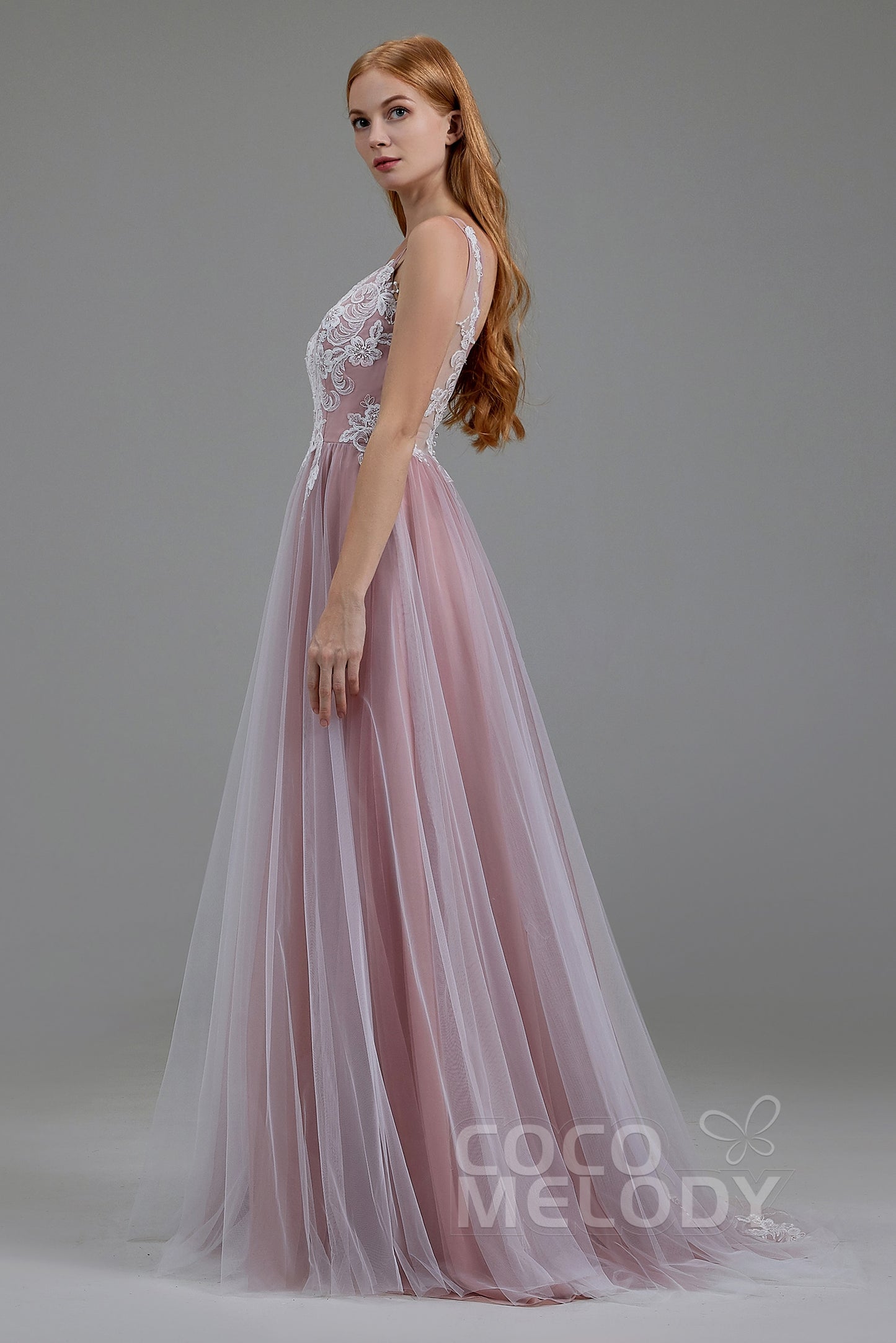 A-Line Sweep-Brush Train Tulle Chiffon Wedding Dress LD5832