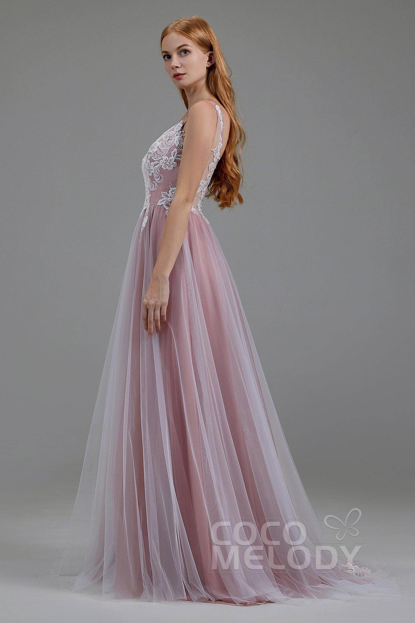 A-Line Sweep-Brush Train Tulle Chiffon Wedding Dress LD5832 - COCOMELODY