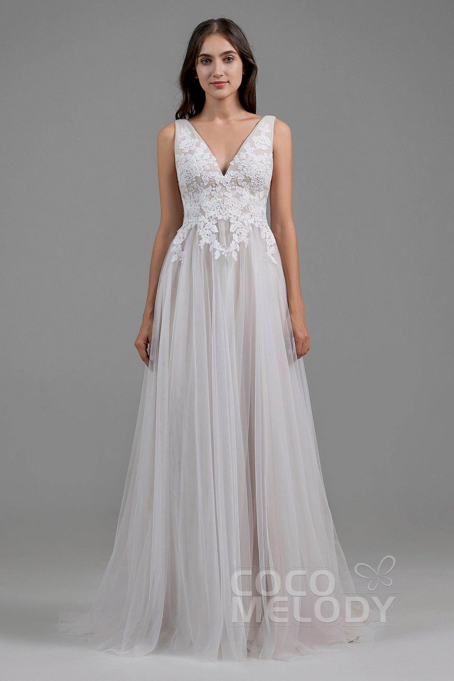 A-Line Sweep-Brush Train Tulle Wedding Dress LD5833 - COCOMELODY