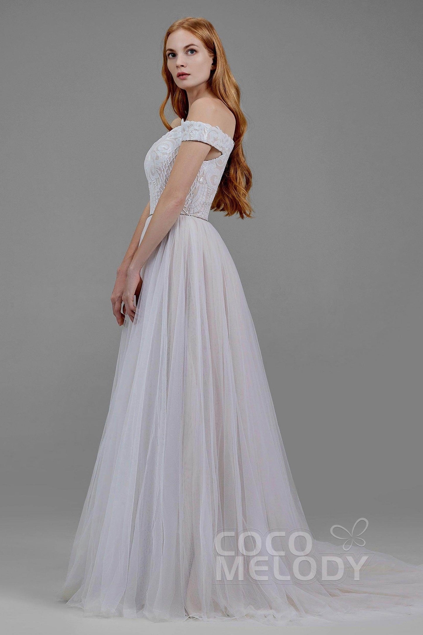 A-Line Court Train Sequined Lace Wedding Dress LD5868 - COCOMELODY