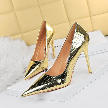 Gold Faux Leather Pointy Stiletto Heels 666858462308 - COCOMELODY