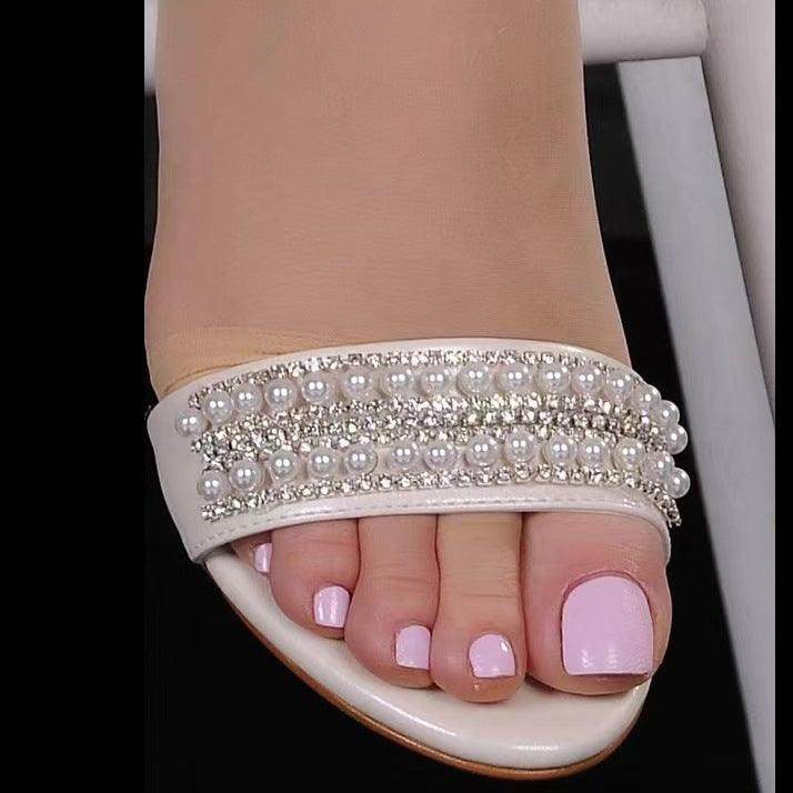 White Pearl and Rhinestone Ankle Strap Block Heel Sandals 728679690326 - COCOMELODY