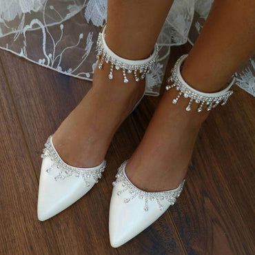 White Crystal Ankle Strap Pointy Flat Shoes 708270132734 - COCOMELODY