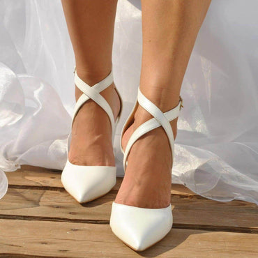 White Cross Pointy Block Heel Sandals 709079195670 - COCOMELODY
