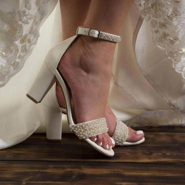 White Pearl Ankle Strap Round Block Heel Sandals 708036540906 - COCOMELODY