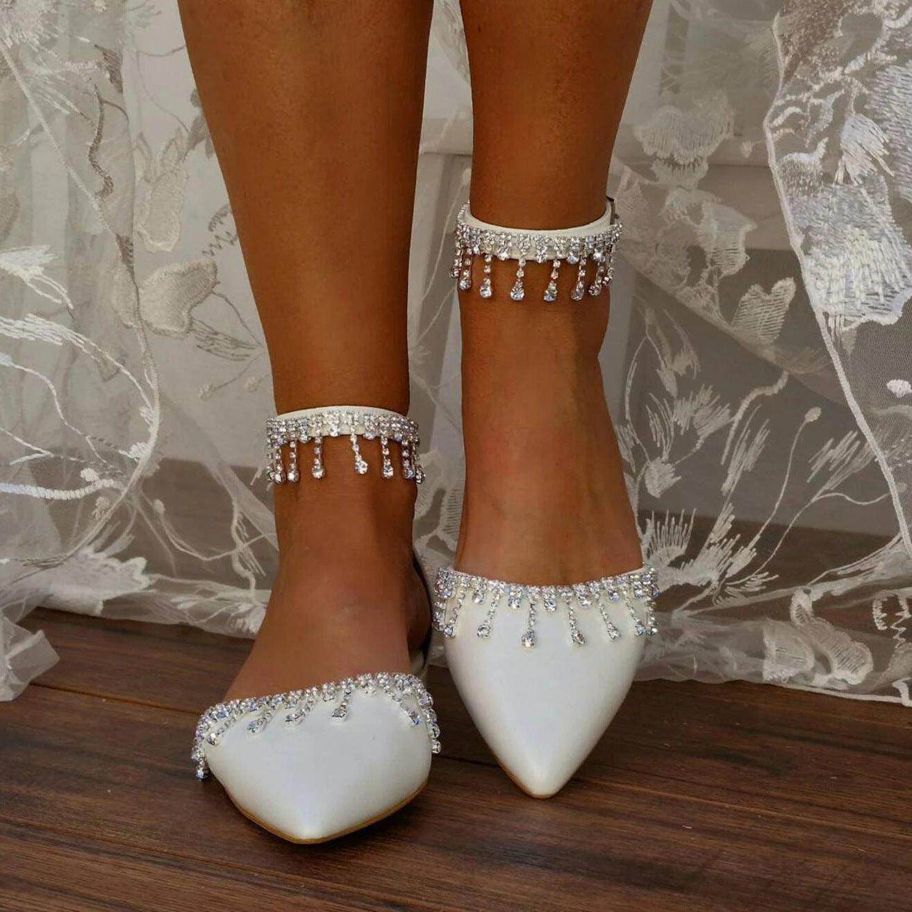 White Crystal Ankle Strap Pointy Flat Shoes 708270132734 - COCOMELODY