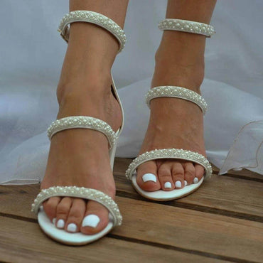 White Pearl Ankle Strap Round Block Heel Sandals 709269474640 - COCOMELODY