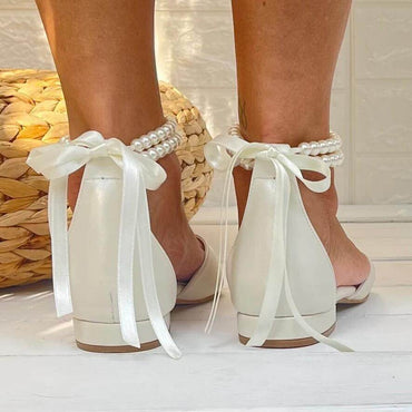 White pearl Ankle Strap Pointy Flat Shoes 708546617778 - COCOMELODY