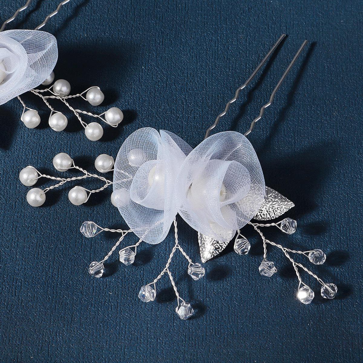 Bridal headwear U-shaped hairpin Beautiful white silk flower pin hand-made crystal pearl hairpin set of 2 755494195341 - COCOMELODY