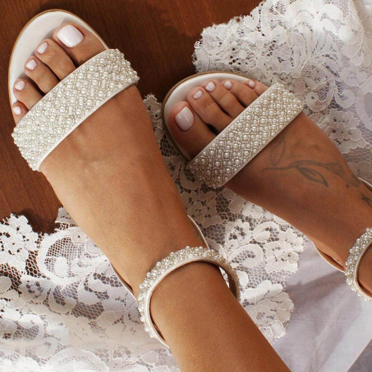 White Pearl Ankle Strap Round Flat Shoes 709075859698 - COCOMELODY