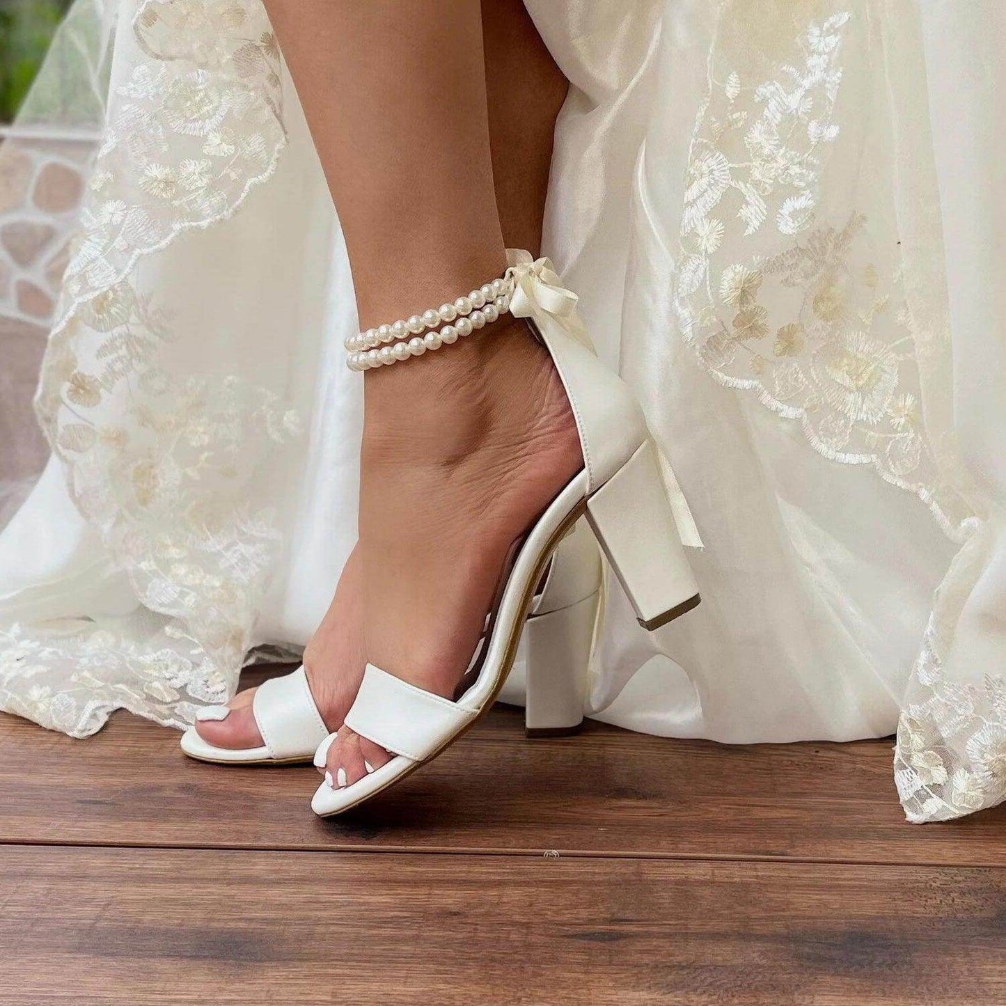 White Pearl Ankle Strap Round Block Heel Sandals 709190758540 - COCOMELODY