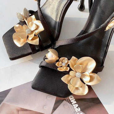 Black Satin 3D Flowers Ankle Strap Square Stiletto heel Sandals 775344564716 - COCOMELODY
