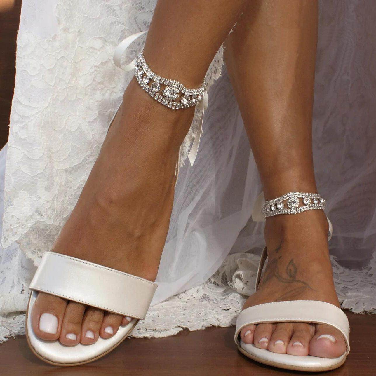 White Rhinestone Ankle Strap Round Flat Shoes 708980263259 - COCOMELODY