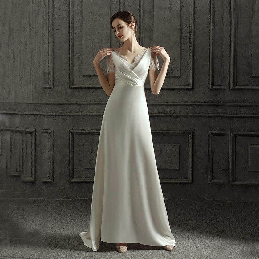 A-Line Sweep-Brush Train Satin Wedding Dress 687832654102 - COCOMELODY