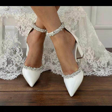 White Rhinestone Ankle Strap Pointy Block Heels 731350490264 - COCOMELODY