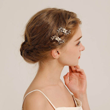 Rhinestone pearl leaf hairpin Bride headdress U-pin hairpin 773672582229 - COCOMELODY