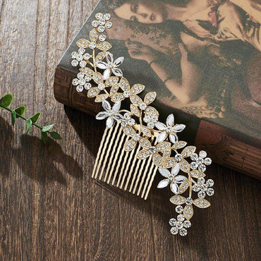 Leaf Hair Comb Alloy Five Petals Flower Rhinestone Accessories 742866021338 - COCOMELODY