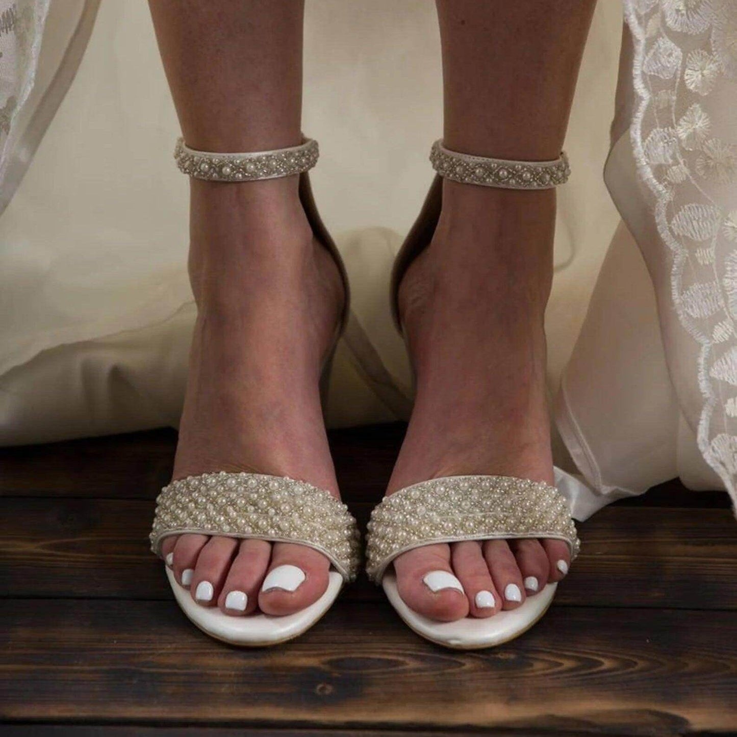 White Pearl Ankle Strap Round Block Heel Sandals 708036540906 - COCOMELODY