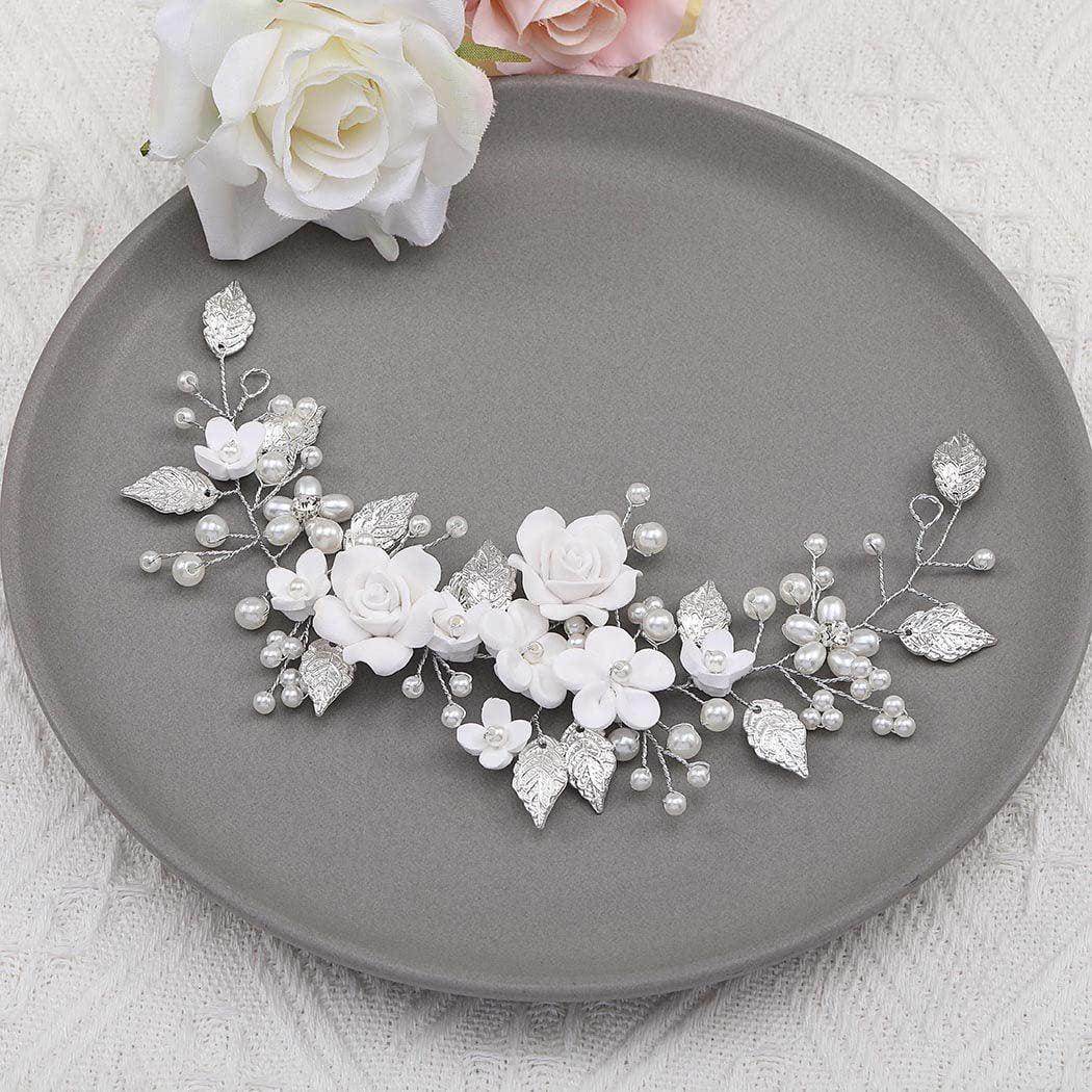 White flowers silver leaf headband Bride wedding Headpieces 739265886585 - COCOMELODY