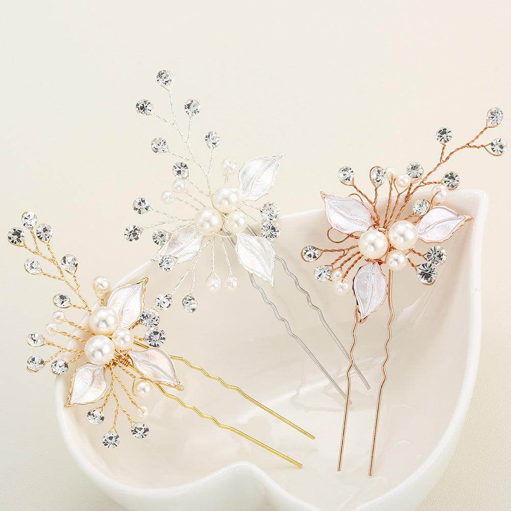 Bridal headwear Leaf hair pin Fashion wedding accessories Handmade pearl U-shaped hairpin set of 3 524682360029 - COCOMELODY