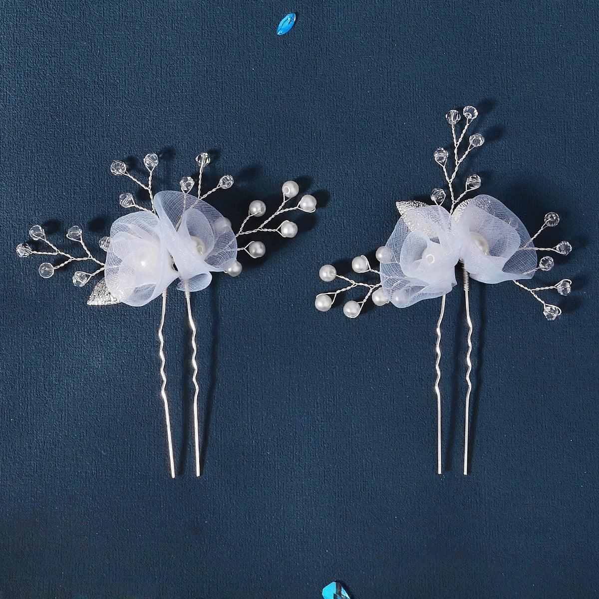 Bridal headwear U-shaped hairpin Beautiful white silk flower pin hand-made crystal pearl hairpin set of 2 755494195341 - COCOMELODY