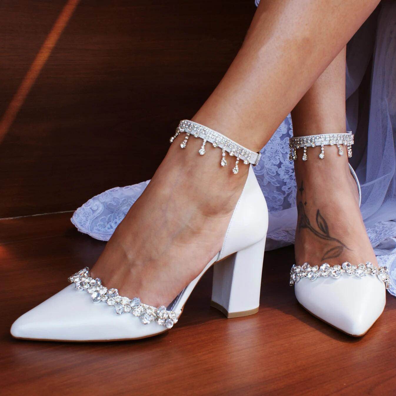 White Rhinestone Ankle Strap Pointy Block Heels 709534419682 - COCOMELODY