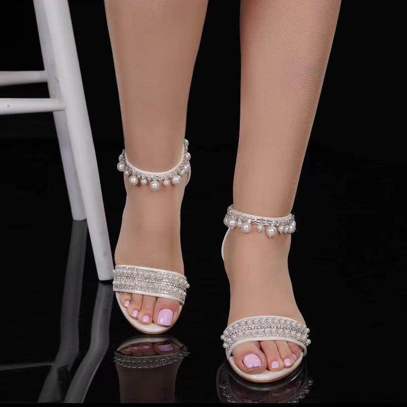 White Pearl and Rhinestone Ankle Strap Block Heel Sandals 728679690326 - COCOMELODY
