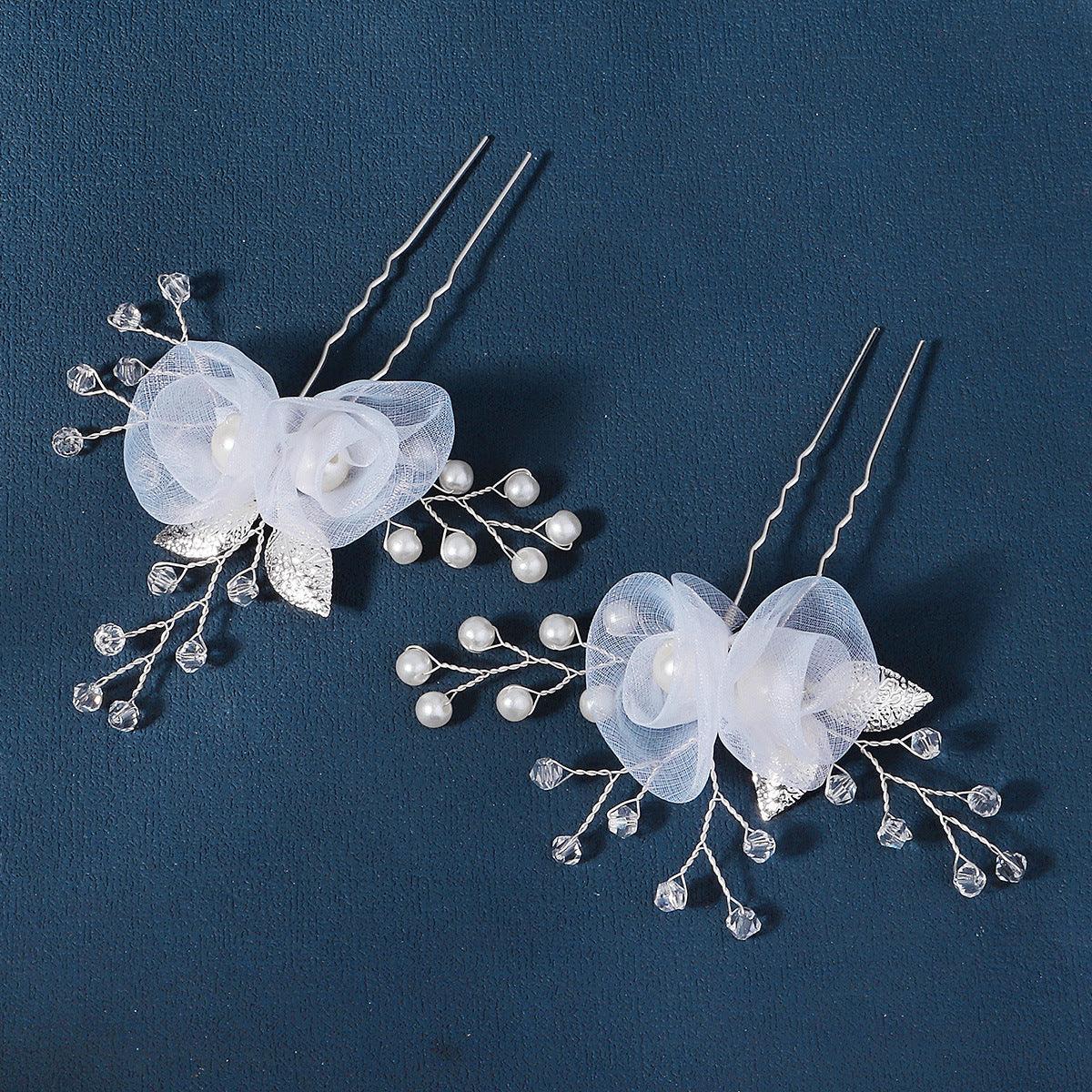 Bridal headwear U-shaped hairpin Beautiful white silk flower pin hand-made crystal pearl hairpin set of 2 755494195341 - COCOMELODY