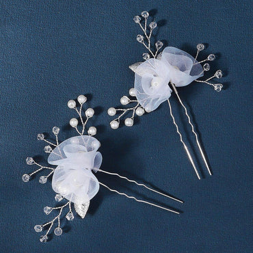 Bridal headwear U-shaped hairpin Beautiful white silk flower pin hand-made crystal pearl hairpin set of 2 755494195341 - COCOMELODY