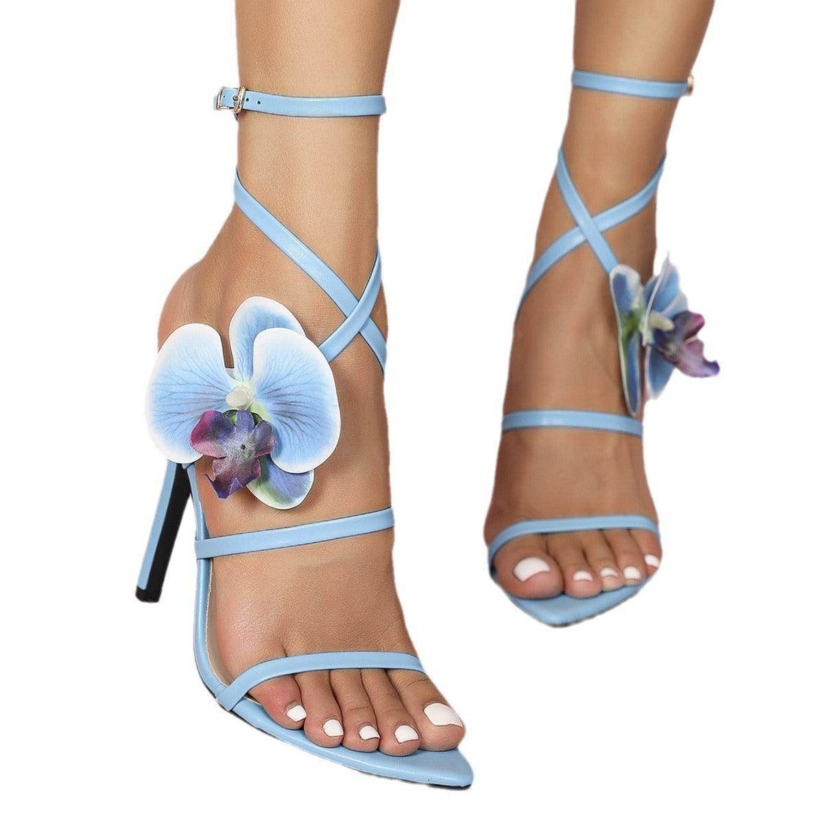3D Flowers Cross Pointy Stiletto heel Sandals 816637125592 - COCOMELODY