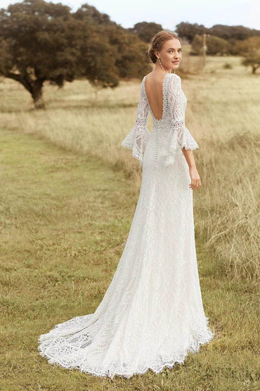 Sheath-Column Sweep-Brush Train Lace Wedding Dress 642360655746 - COCOMELODY