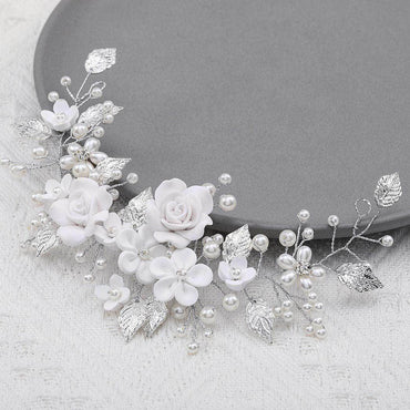 White flowers silver leaf headband Bride wedding Headpieces 739265886585 - COCOMELODY