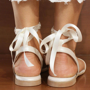 White Rhinestone Ankle Strap Round Flat Shoes 708980263259 - COCOMELODY