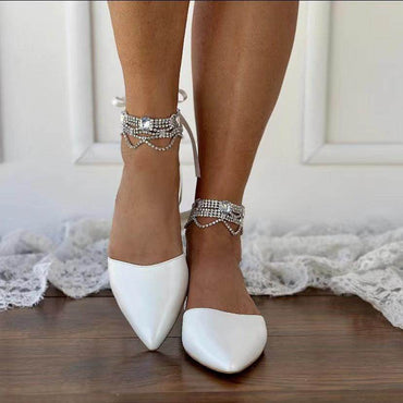 White Rhinestone Ankle Strap Pointy Flat Shoes 738090030997 - COCOMELODY