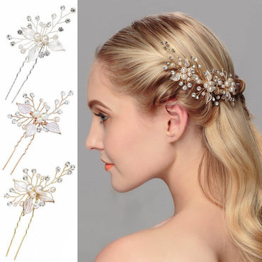 Bridal headwear Leaf hair pin Fashion wedding accessories Handmade pearl U-shaped hairpin set of 3 524682360029 - COCOMELODY