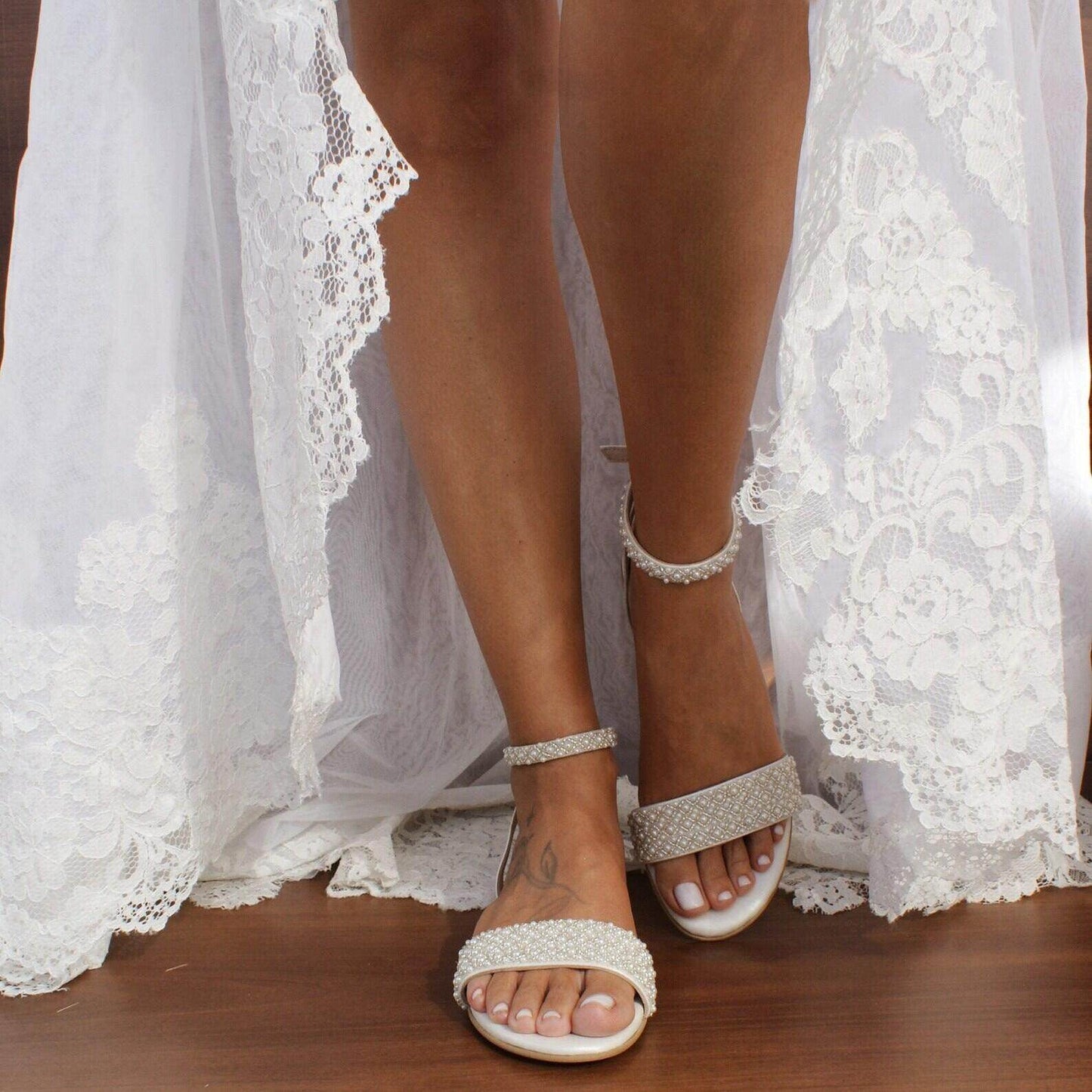 White Pearl Ankle Strap Round Flat Shoes 709075859698 - COCOMELODY