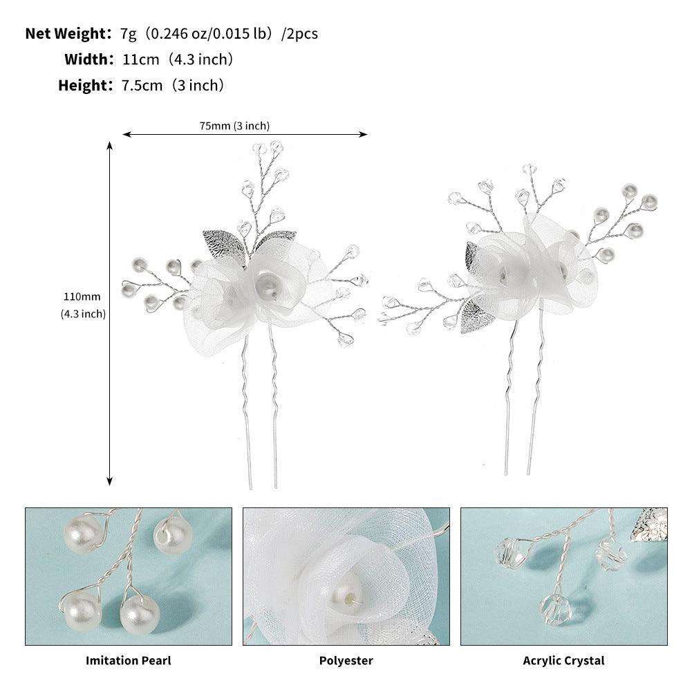 Bridal headwear U-shaped hairpin Beautiful white silk flower pin hand-made crystal pearl hairpin set of 2 755494195341 - COCOMELODY