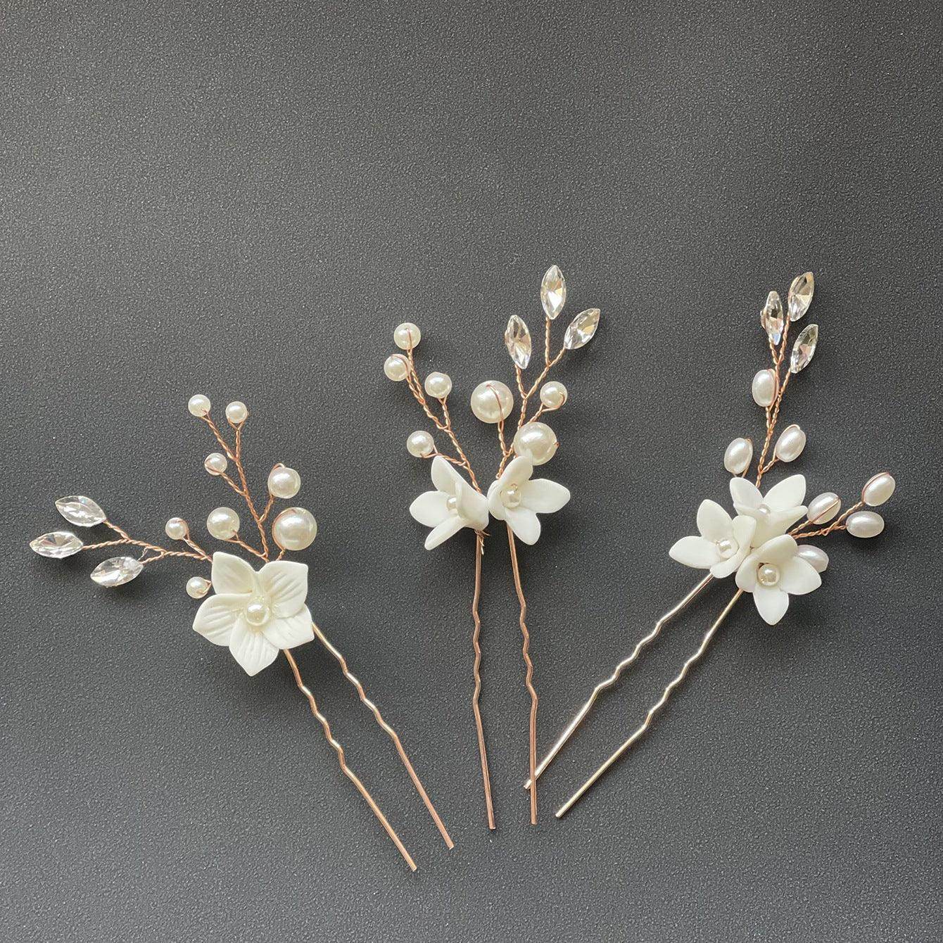 Bride wedding headwear White flower U-shaped Hairpins set of 3 684387483787 - COCOMELODY