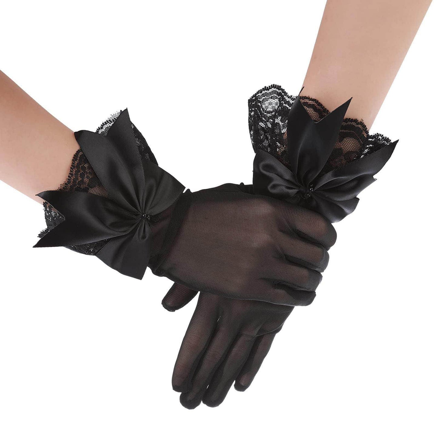 Mesh Gloves Hand-Decorated Lace Lace Bow Short Style Gloves 670423584870 - COCOMELODY