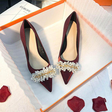 Pearl Satin Pointy Stiletto Heels 683923492274 - COCOMELODY