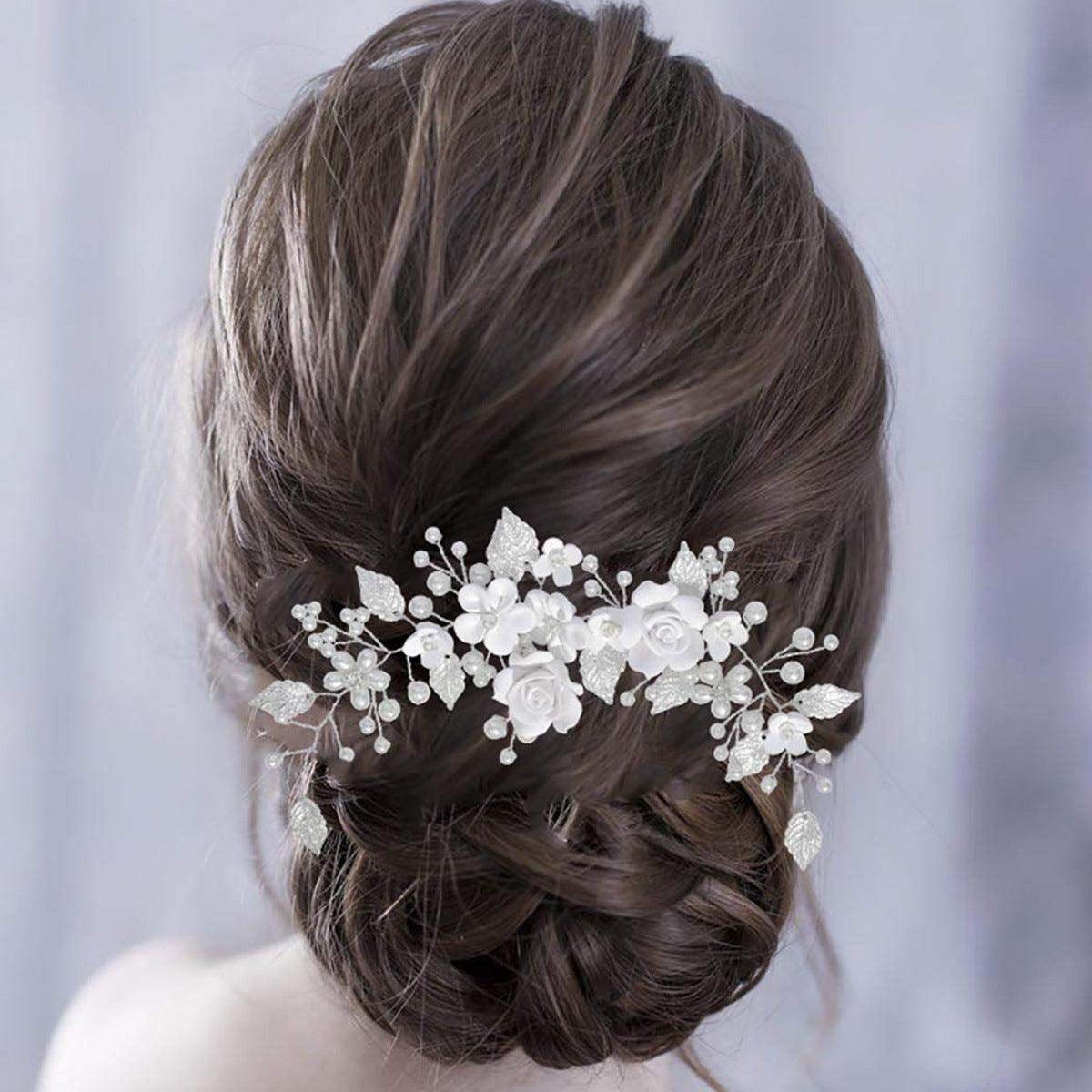 White flowers silver leaf headband Bride wedding Headpieces 739265886585 - COCOMELODY
