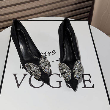 Black Suede Rhinestone Bowknot Pointy Stiletto Heels 770222542136 - COCOMELODY